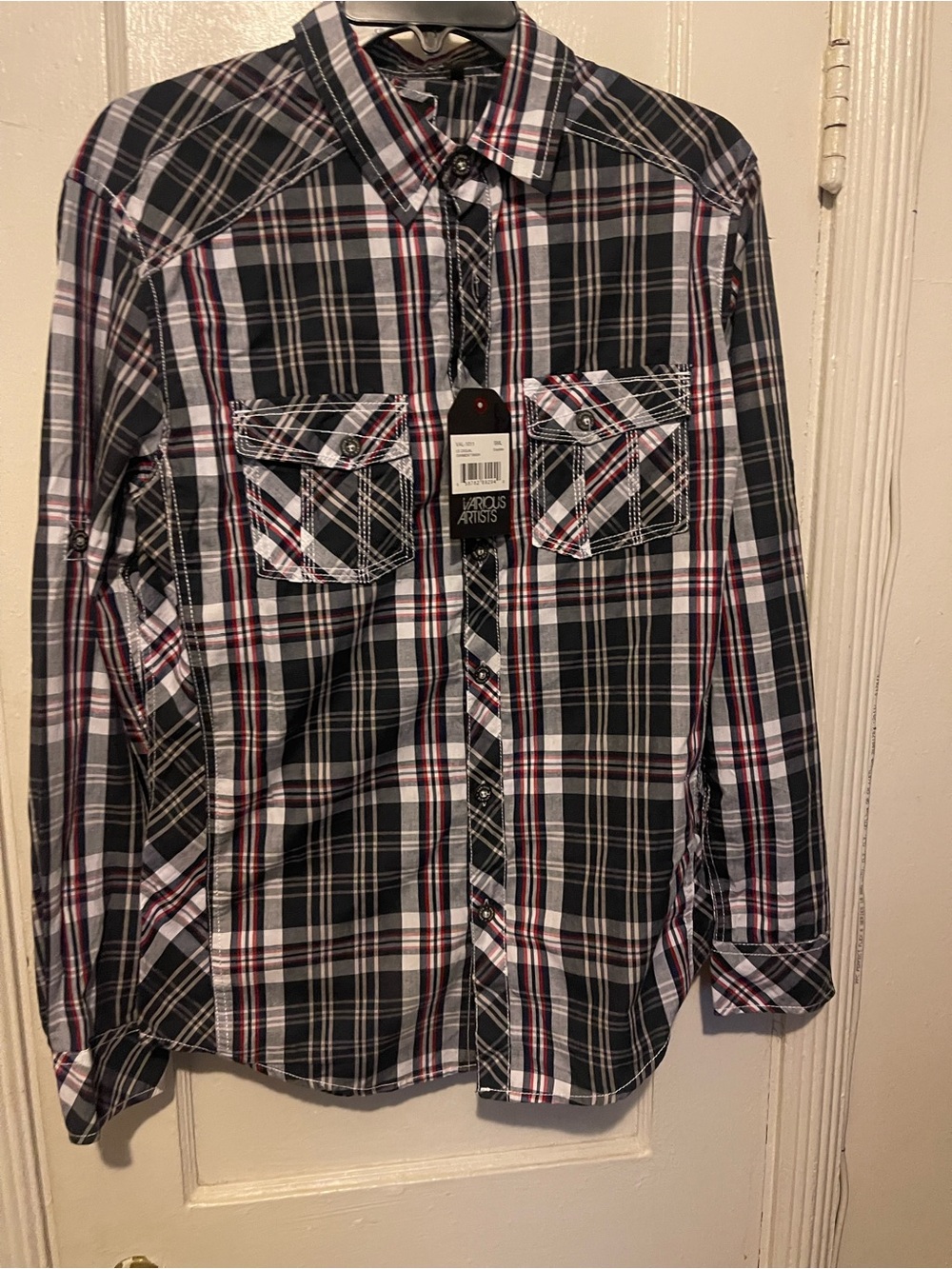 Men's Plaid Long-Sleeve Shirt with Red Accents